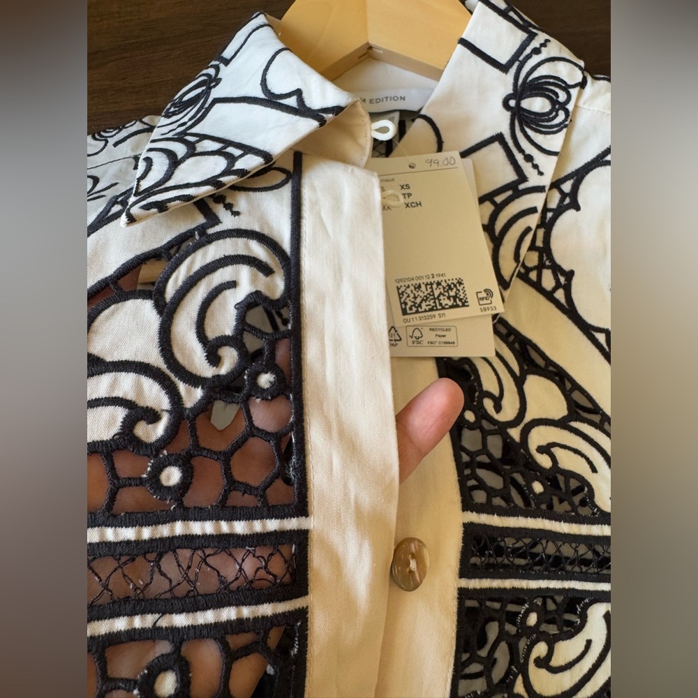 H&M NWT EMBROIDERED CREAM AND BLACK SHIRT - Picture 8 of 9